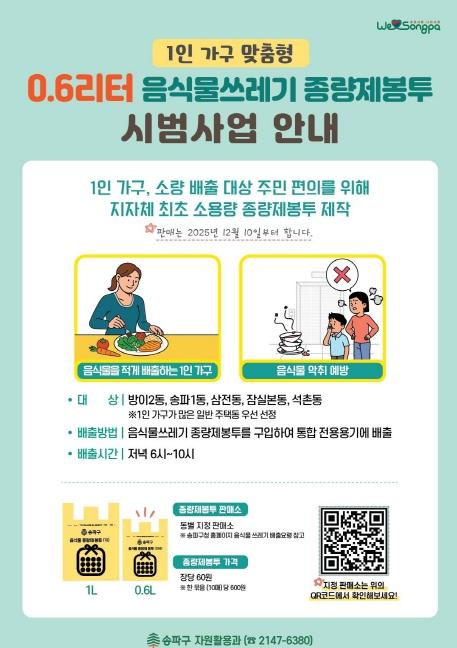1인 가구 음식물쓰레기도 소량씩 깔끔하게! 송파구, 전국 최초 0.6ℓ 음식물 봉투 시범운영 기사 이미지