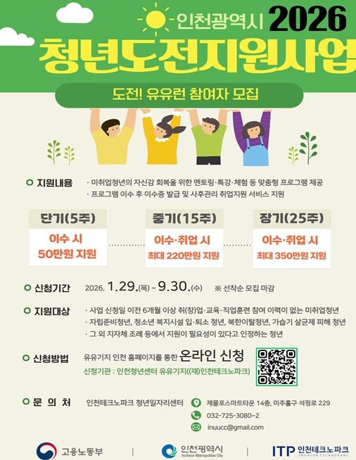 청년의 도전을 지원합니다! 인천시, 청년도전지원사업 9월 30일까지 접수