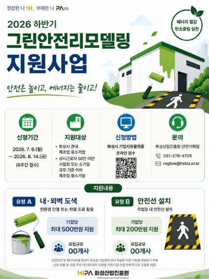 화성산업진흥원, 하반기 그린안전리모델링 지원사업 참여기업 모집