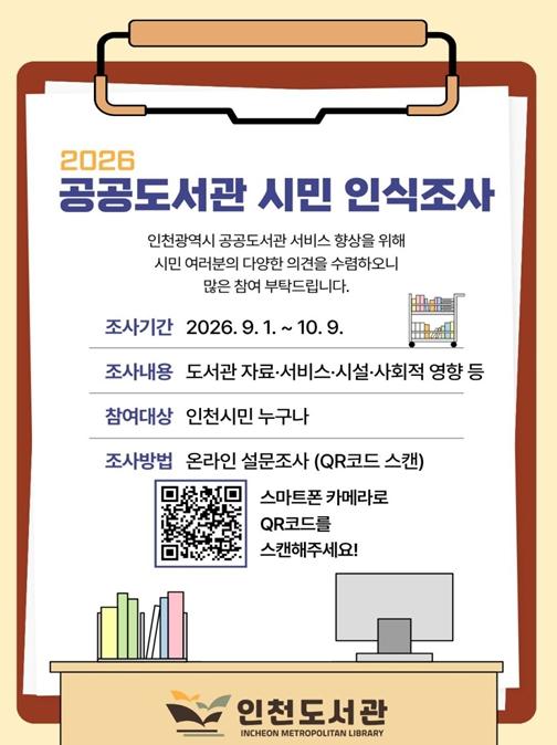 인천도서관, '시민의 목소리로 만들어가는 도서관'...공공도서관 시민 인식조사 추진